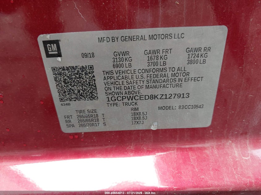 2019 Chevrolet Silverado 1500 Lt VIN: 1GCPWCED8KZ127913 Lot: 45654013