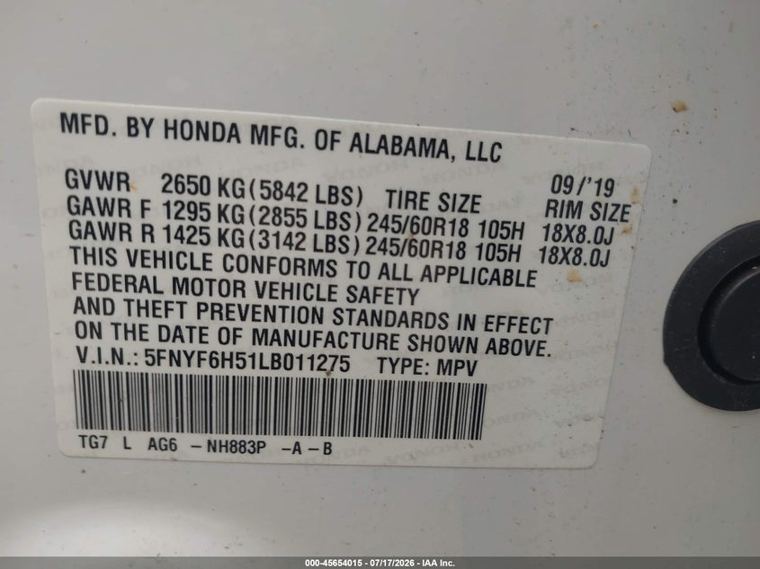 2020 Honda Pilot Awd Ex-L VIN: 5FNYF6H51LB011275 Lot: 45654015