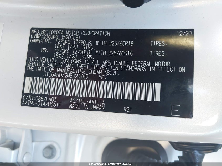 2021 Lexus Nx 300 VIN: JTJGARDZ2M5023780 Lot: 45654016