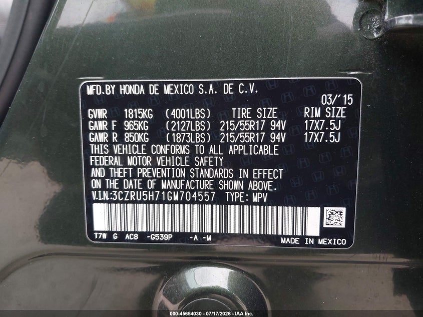 2016 Honda Hr-V Ex-L VIN: 3CZRU5H71GM704557 Lot: 45654030