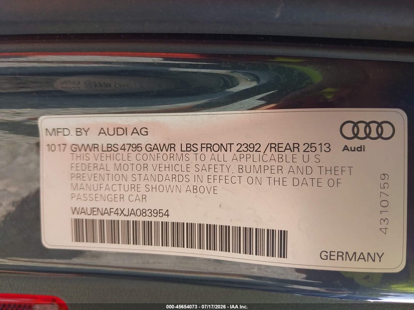 2018 Audi A4 2.0T Premium/2.0T Tech Premium VIN: WAUENAF4XJA083954 Lot: 45654073
