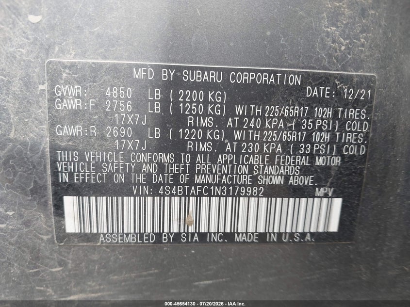 2022 Subaru Outback Premium VIN: 4S4BTAFC1N3179982 Lot: 45654130