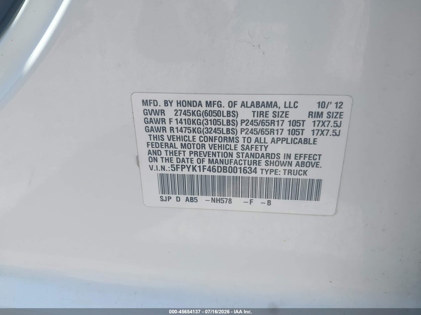 2013 Honda Ridgeline Rts VIN: 5FPYK1F46DB001634 Lot: 45654137