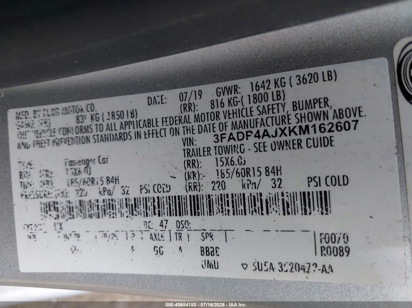 2019 Ford Fiesta S VIN: 3FADP4AJXKM162607 Lot: 45654180