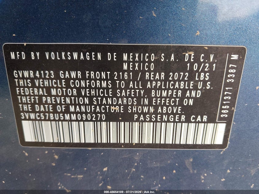2021 Volkswagen Jetta 1.4T R-Line/1.4T Se/S VIN: 3VWC57BU5MM090270 Lot: 45654189