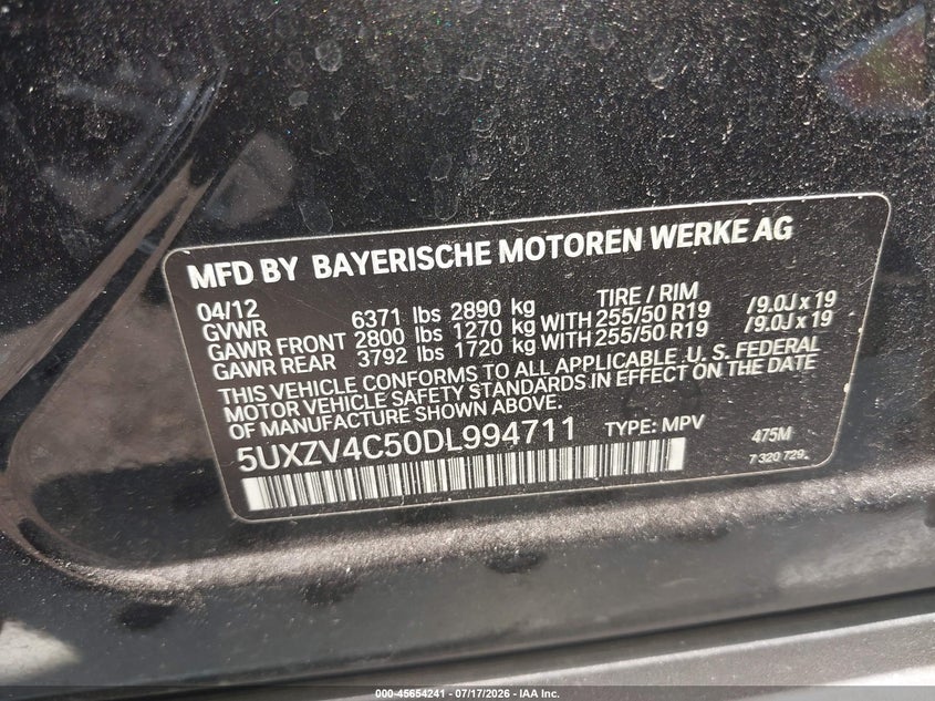 2013 BMW X5 xDrive35I/xDrive35I Premium/xDrive35I Sport Activity VIN: 5UXZV4C50DL994711 Lot: 45654241