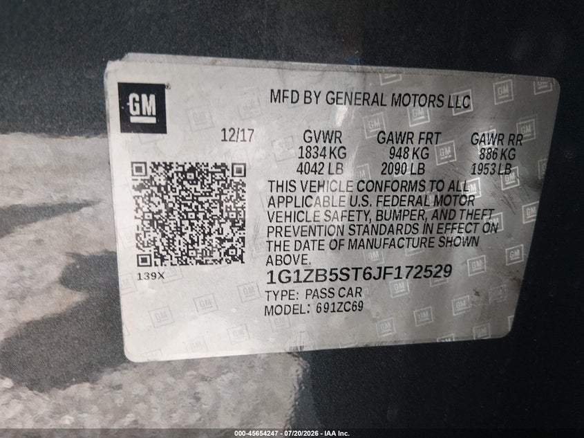 2018 Chevrolet Malibu 1Ls VIN: 1G1ZB5ST6JF172529 Lot: 45654247