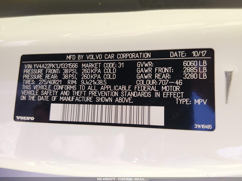 2018 Volvo Xc90 T6 Momentum VIN: YV4A22PK1J1331566 Lot: 45654270