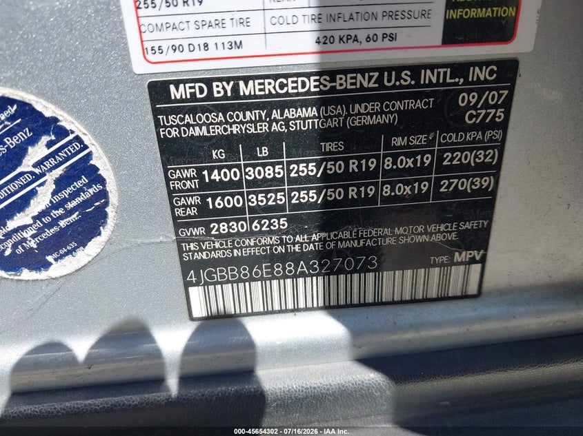 2008 Mercedes-Benz M-Class 3.5L VIN: 4JGBB86E88A327073 Lot: 45654302