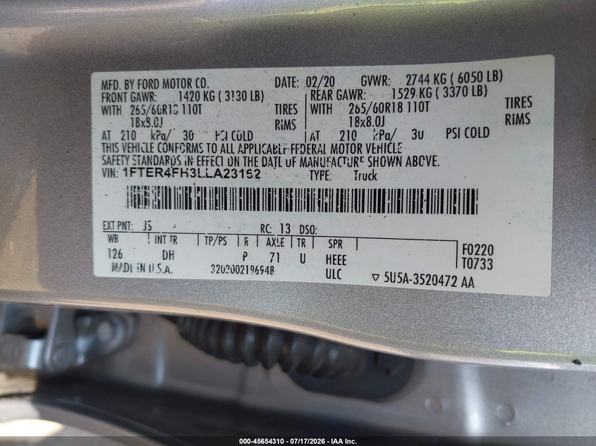 2020 Ford Ranger Lariat VIN: 1FTER4FH3LLA23162 Lot: 45654310