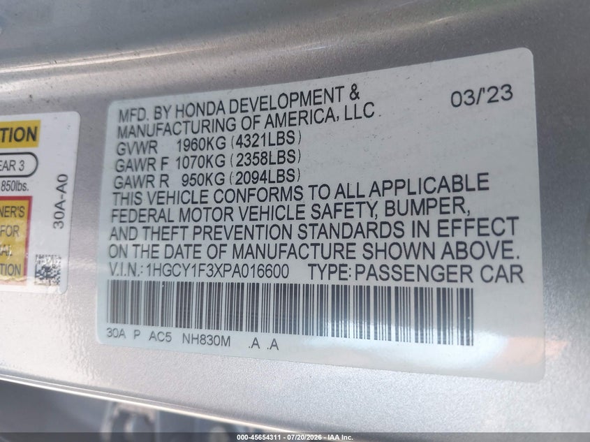 2023 Honda Accord Ex VIN: 1HGCY1F3XPA016600 Lot: 45654311