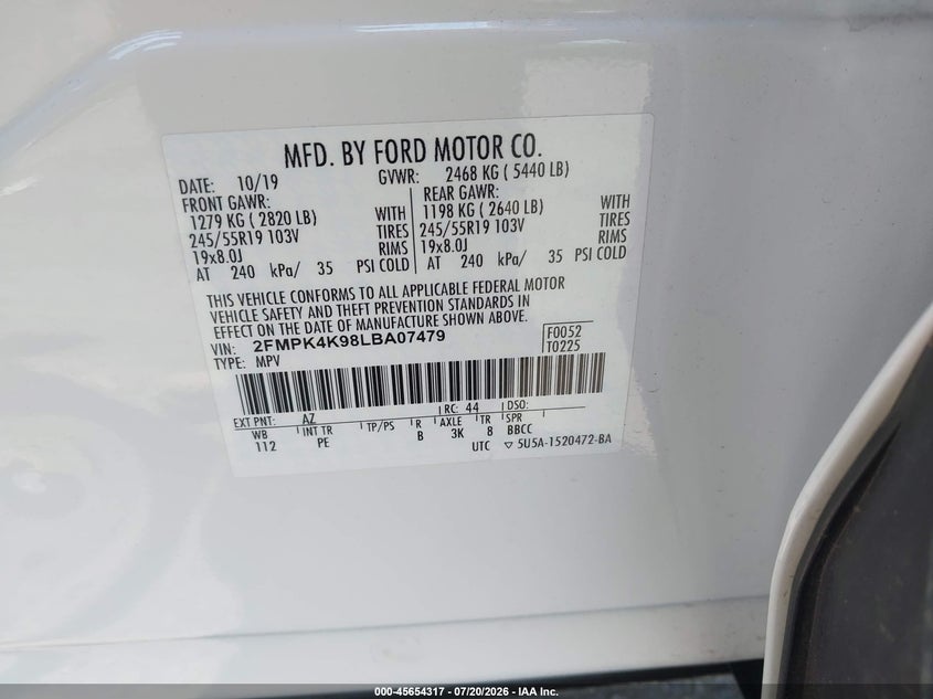 2020 Ford Edge Titanium VIN: 2FMPK4K98LBA07479 Lot: 45654317