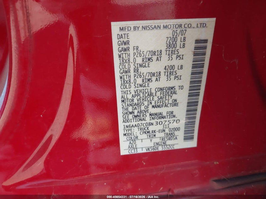 2008 Nissan Titan Xe VIN: 1N6AA07C08N307570 Lot: 45654331