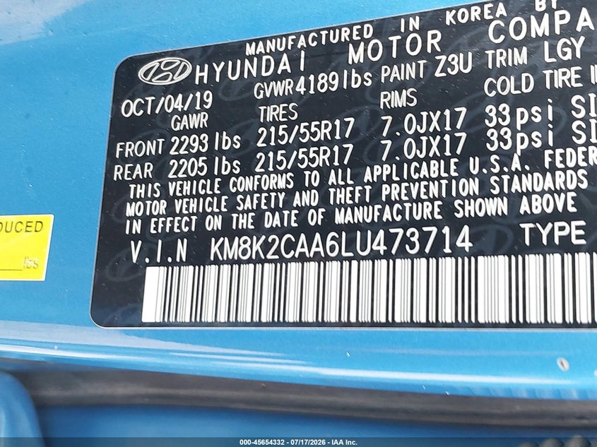 2020 Hyundai Kona Sel VIN: KM8K2CAA6LU473714 Lot: 45654332