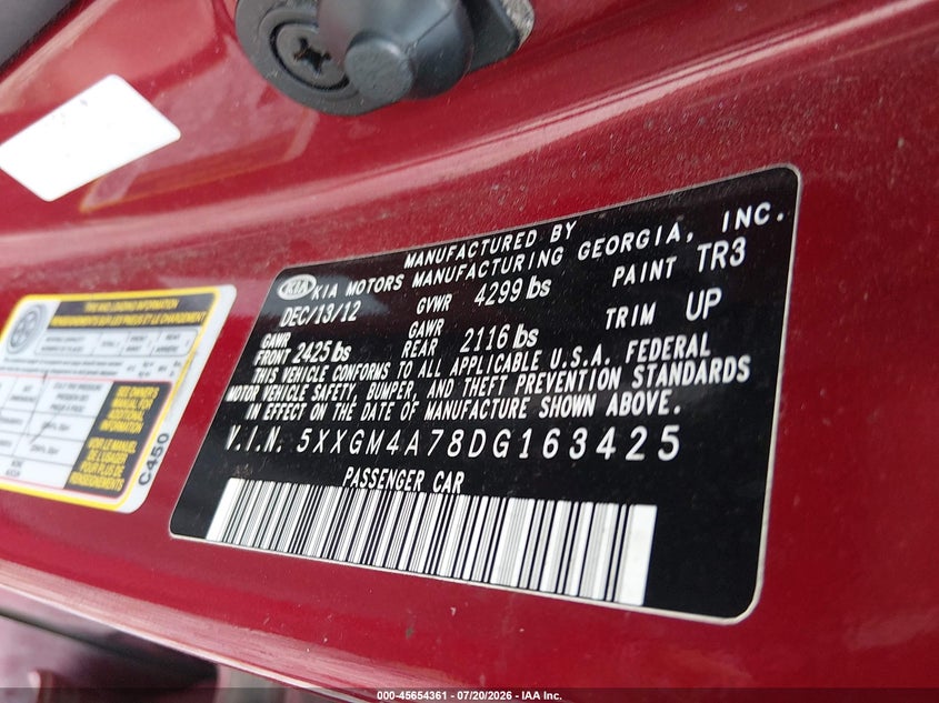 2013 Kia Optima Lx VIN: 5XXGM4A78DG163425 Lot: 45654361