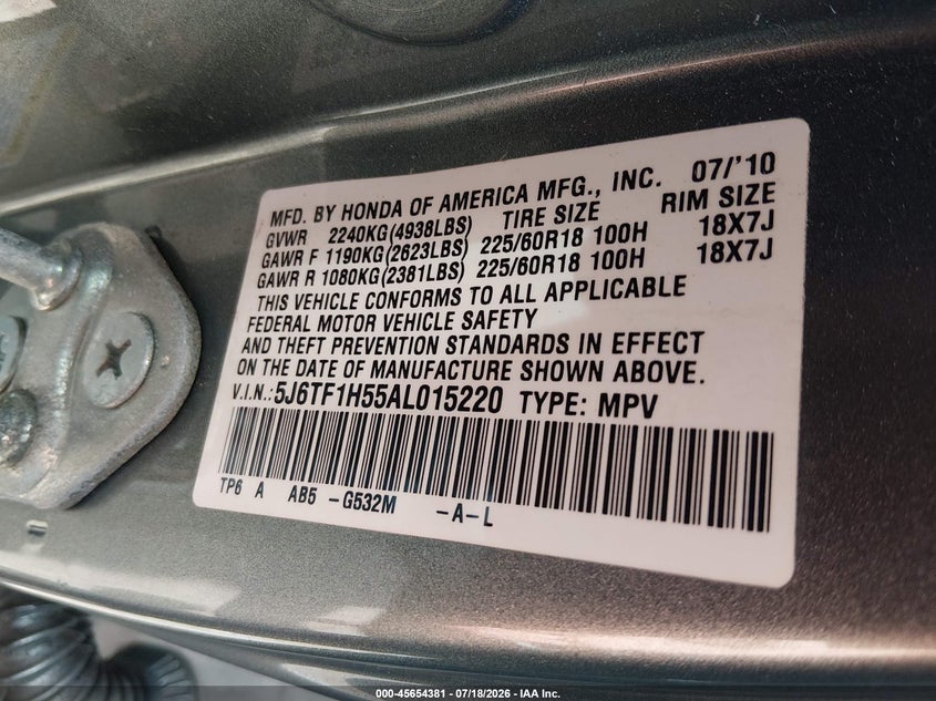 2010 Honda Accord Crosstour Ex-L VIN: 5J6TF1H55AL015220 Lot: 45654381