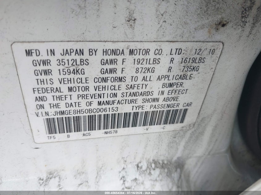 2011 Honda Fit Sport VIN: JHMGE8H50BC006153 Lot: 45654384