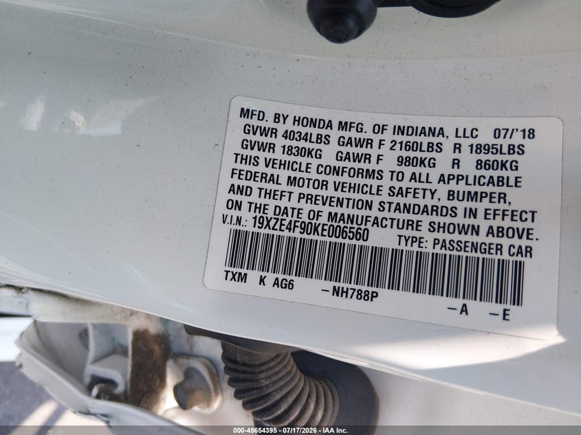 2019 Honda Insight Touring VIN: 19XZE4F90KE006560 Lot: 45654395