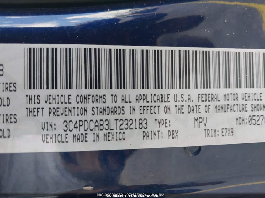 2020 DODGE JOURNEY SPORT UTILITY VEHICLE 2.4L I-4 DOHC, VVT, 173HP