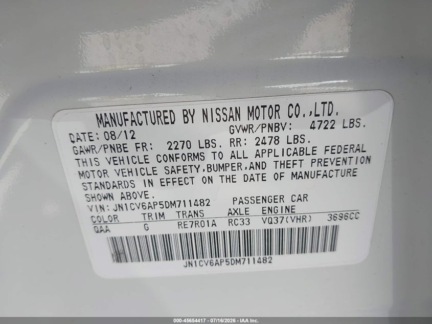 2013 Infiniti G37 Journey VIN: JN1CV6AP5DM711482 Lot: 45654417
