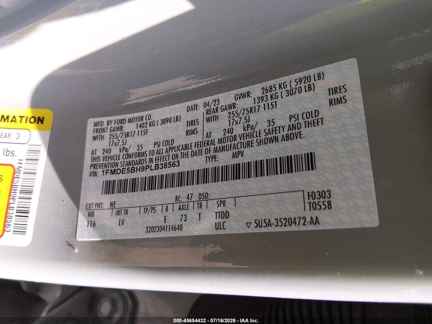 2023 Ford Bronco Big Bend VIN: 1FMDE5BH9PLB38563 Lot: 45654432