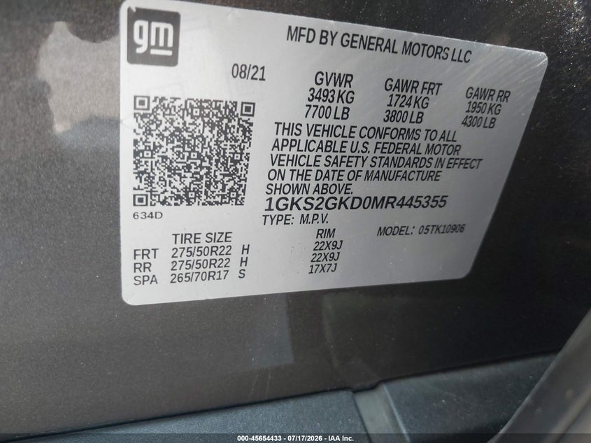 2021 GMC Yukon Xl 4Wd Slt VIN: 1GKS2GKD0MR445355 Lot: 45654433