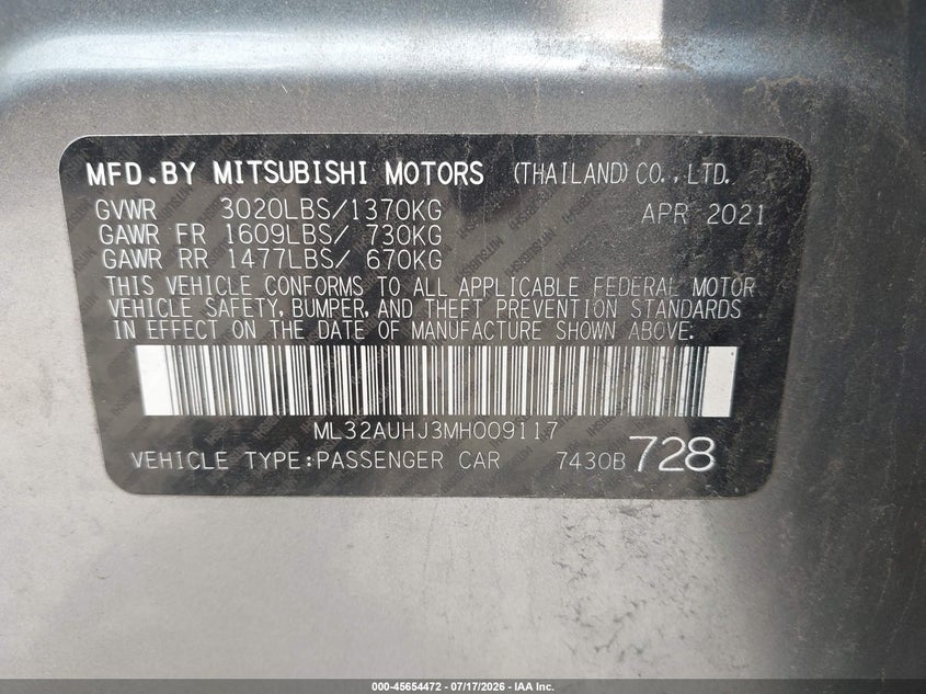 2021 Mitsubishi Mirage Carbonite Edition/Es/Le VIN: ML32AUHJ3MH009117 Lot: 45654472