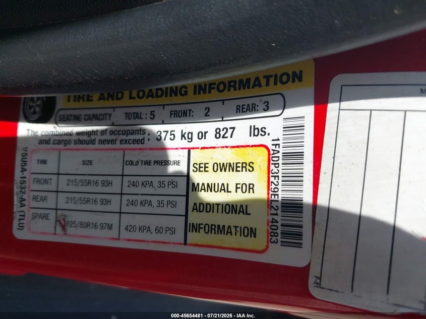 2014 Ford Focus Se VIN: 1FADP3F29EL214083 Lot: 45654481