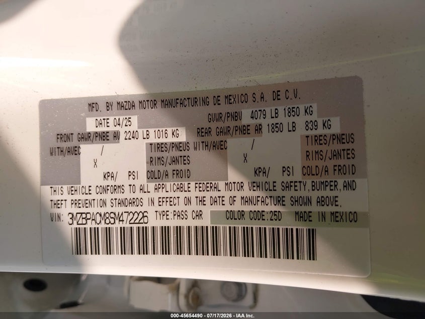 2025 Mazda Mazda3 2.5 S Preferred VIN: 3MZBPACM8SM472226 Lot: 45654490