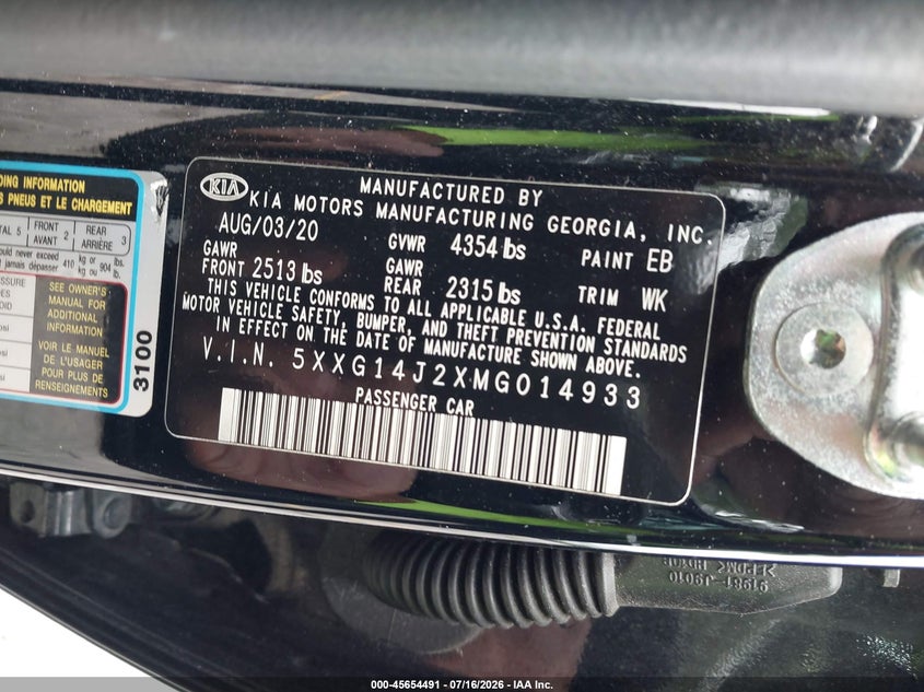 2021 Kia K5 Lxs VIN: 5XXG14J2XMG014933 Lot: 45654491