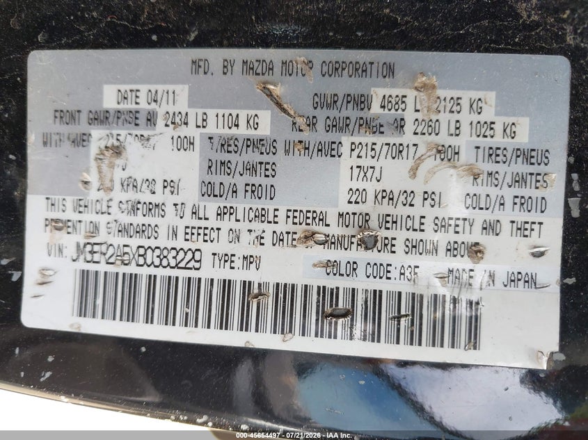 2011 Mazda Cx-7 I Sv VIN: JM3ER2A5XB0383229 Lot: 45654497