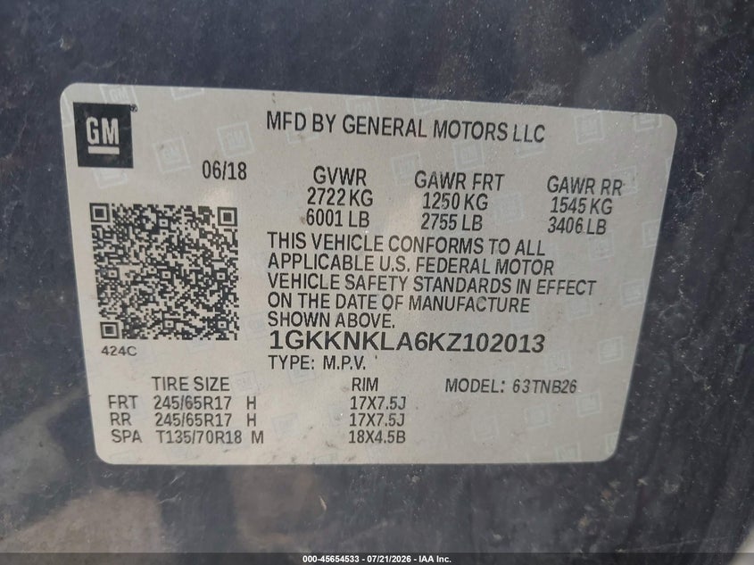 2019 GMC Acadia Sle-1 VIN: 1GKKNKLA6KZ102013 Lot: 45654533