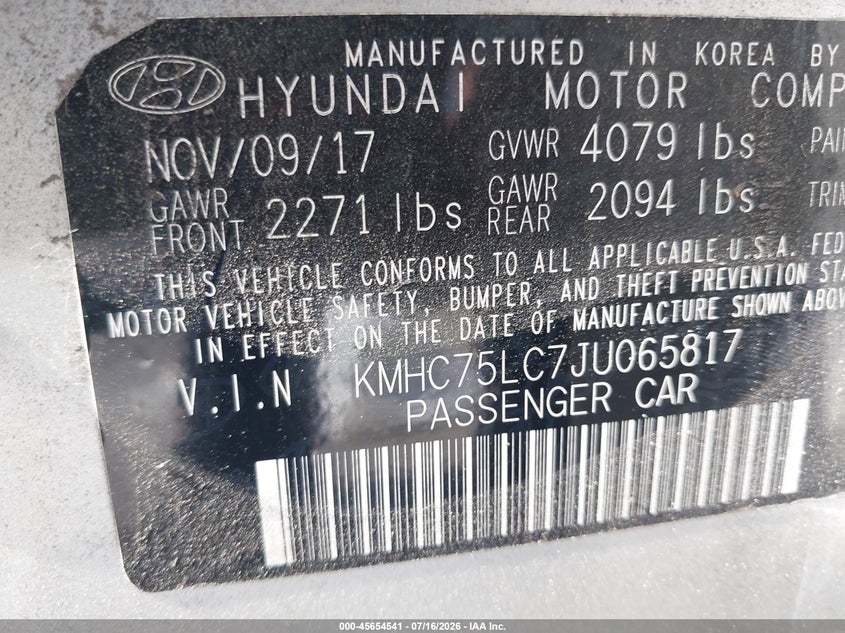 2018 Hyundai Ioniq Hybrid Sel VIN: KMHC75LC7JU065817 Lot: 45654541