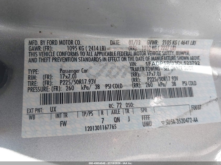 2013 Ford C-Max Hybrid Sel VIN: 1FADP5BU3DL523792 Lot: 45654549