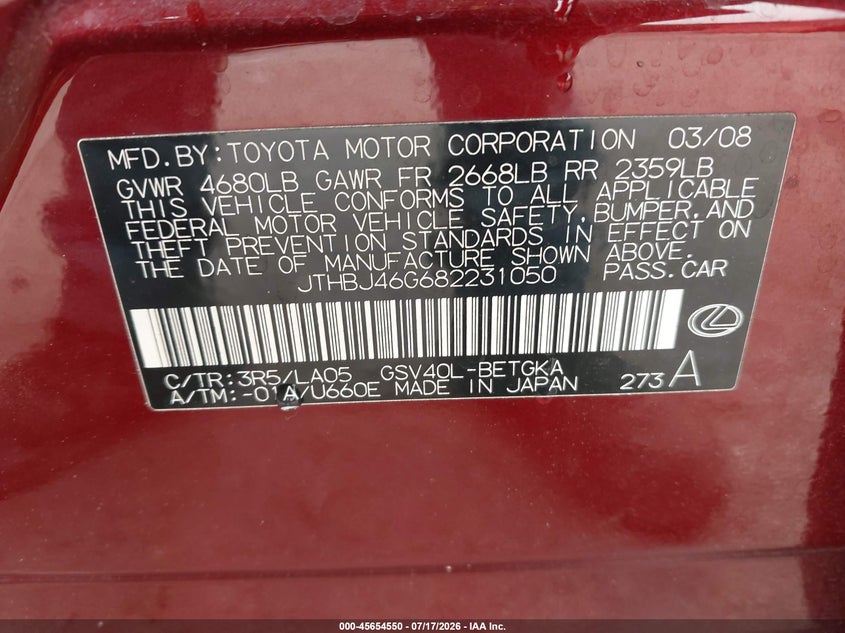 2008 Lexus Es 350 VIN: JTHBJ46G682231050 Lot: 45654550