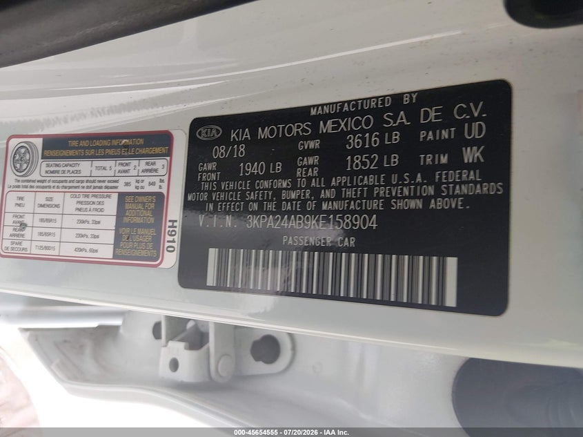 2019 Kia Rio S VIN: 3KPA24AB9KE158904 Lot: 45654555