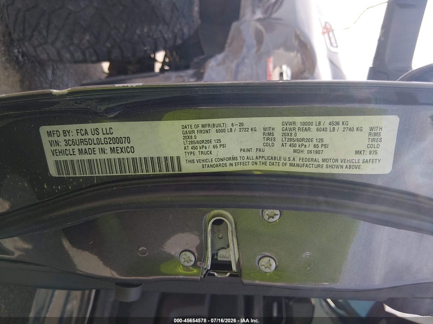 2020 Ram 2500 Big Horn 4X4 6'4 Box VIN: 3C6UR5DL0LG200070 Lot: 45654578