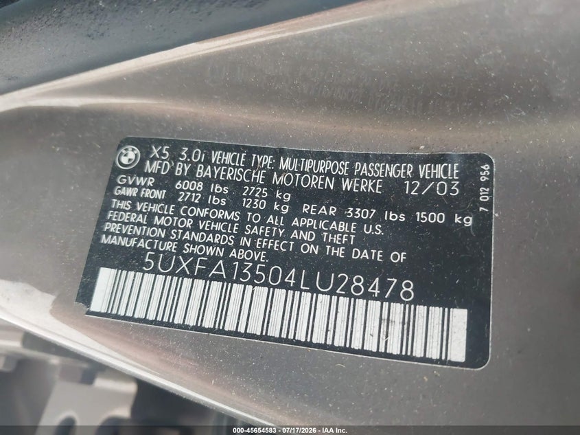 2004 BMW X5 3.0I VIN: 5UXFA13504LU28478 Lot: 45654583