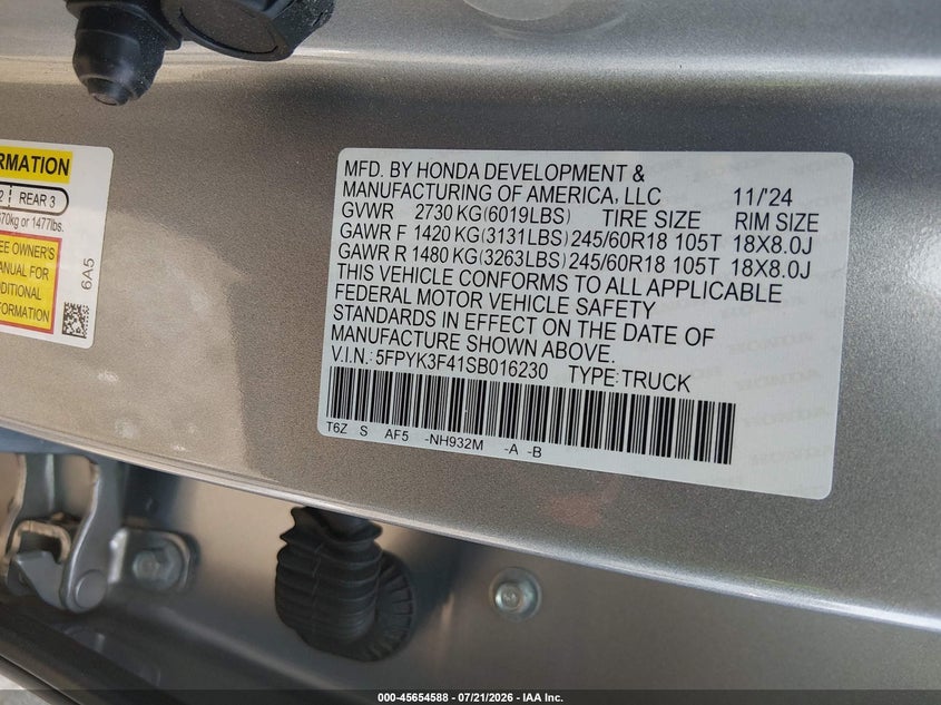 2025 Honda Ridgeline Rtl+ VIN: 5FPYK3F41SB016230 Lot: 45654588