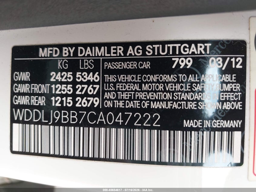 2012 Mercedes-Benz Cls 550 4Matic VIN: WDDLJ9BB7CA047222 Lot: 45654617