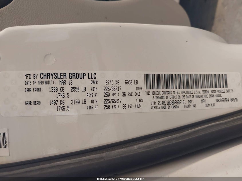 2013 Chrysler Town & Country Touring VIN: 2C4RC1BG8DR696181 Lot: 45654653