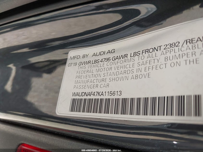 2019 Audi A4 45 Premium VIN: WAUDNAF47KA115613 Lot: 45654665