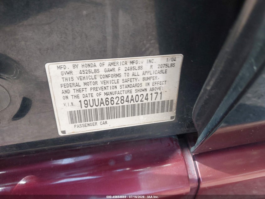2004 Acura Tl VIN: 19UUA66284A024171 Lot: 45654669
