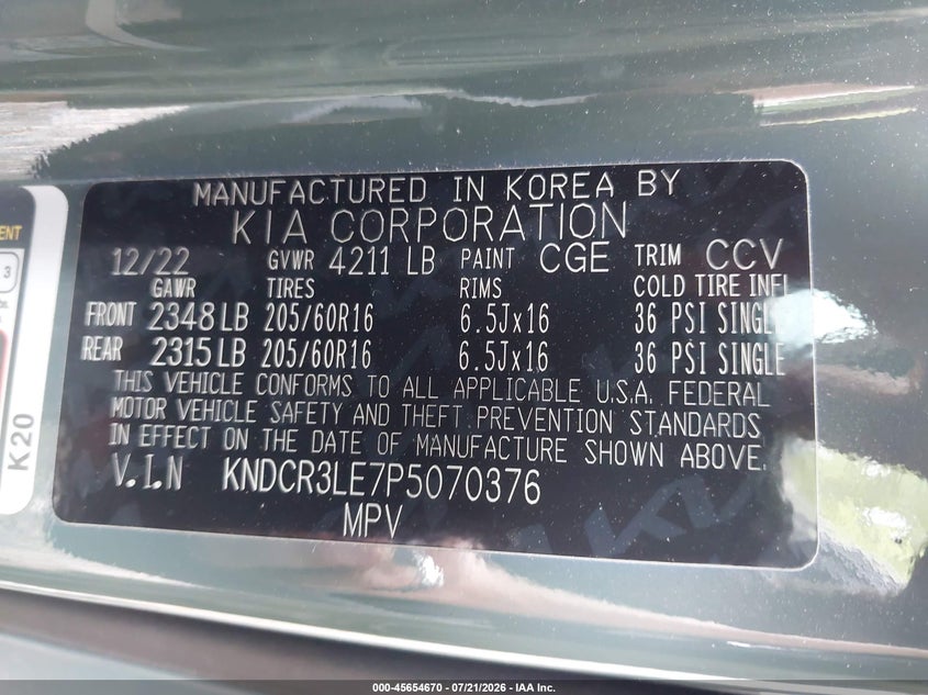 2023 Kia Niro Ex VIN: KNDCR3LE7P5070376 Lot: 45654670