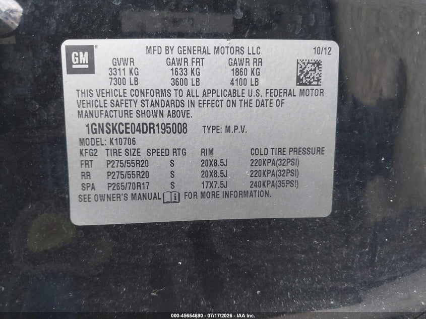 2013 Chevrolet Tahoe Ltz VIN: 1GNSKCE04DR195008 Lot: 45654690
