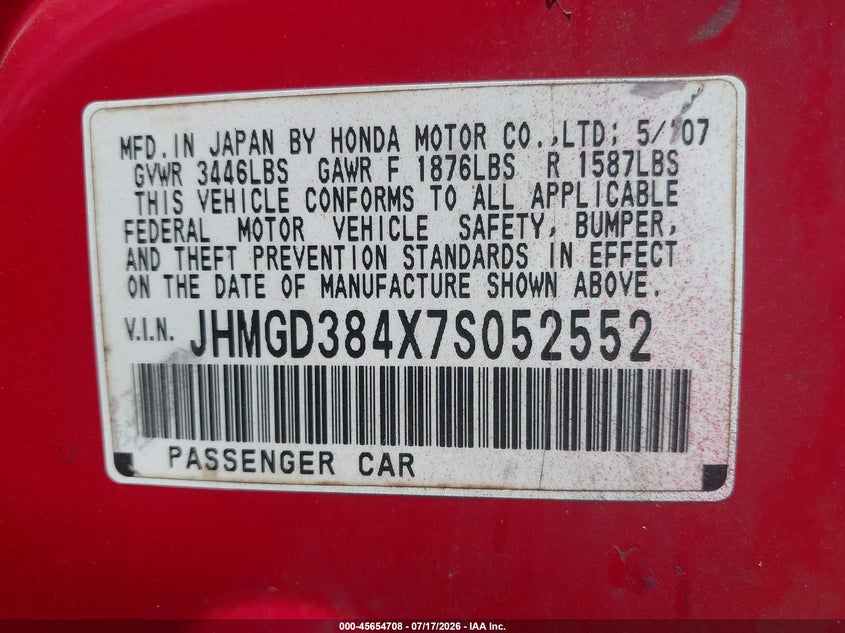 2007 Honda Fit VIN: JHMGD384X7S052552 Lot: 45654708