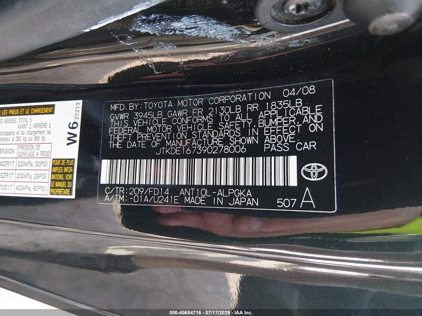 2009 Scion Tc VIN: JTKDE167390278006 Lot: 45654716