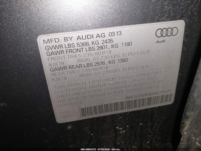2013 Audi Q5 2.0T Premium VIN: WA1LFAFP4DA073677 Lot: 45654723