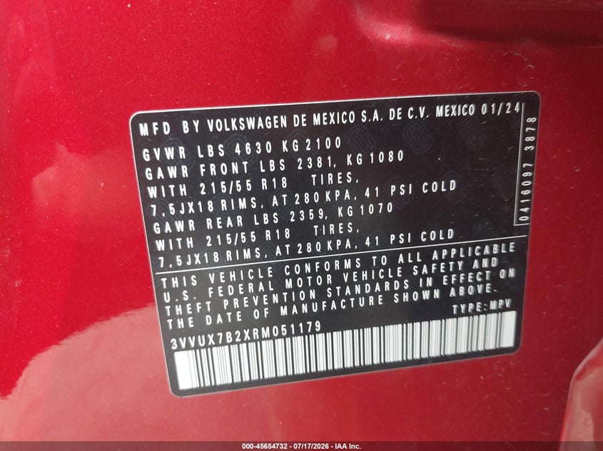 VOLKSWAGEN TAOS 2024 VIN 3VVUX7B2XRM051179