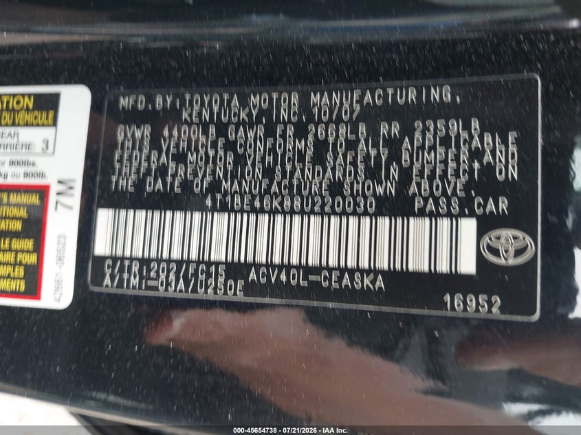 2008 Toyota Camry Se VIN: 4T1BE46K88U220030 Lot: 45654738